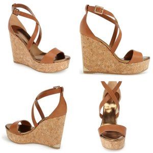 EUC Jimmy Choo Portia Crisscross Cork Wedge Canyon tan leather